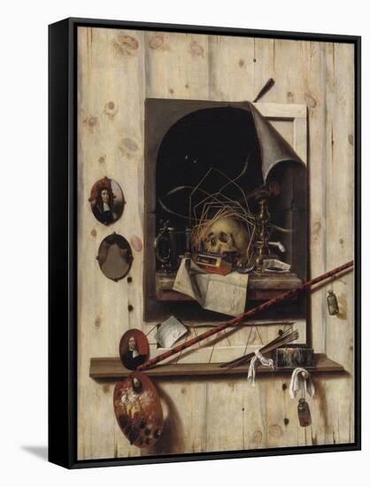 Trompe L'Oeil with Studio Wall and Vanitas Still Life, 1668-Cornelis Norbertus Gysbrechts-Framed Stretched Canvas