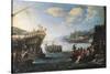 Troops Embarking on Galley in Port of Genoa-null-Stretched Canvas