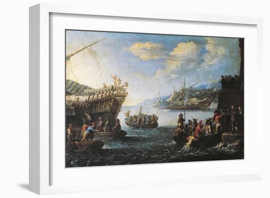 Troops Embarking on Galley in Port of Genoa-null-Framed Giclee Print