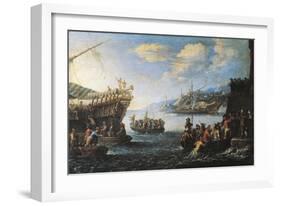 Troops Embarking on Galley in Port of Genoa-null-Framed Giclee Print