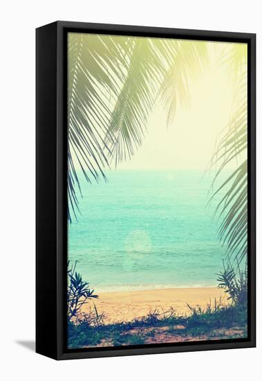 Tropical Background with Sea Beach and Palm Trees in the Vintage Style-natashamam-Framed Stretched Canvas