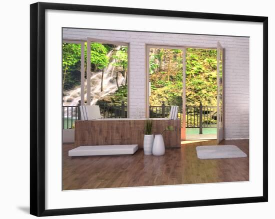 Tropical Bathroom Interior with Bathtub and Window with Landscape View-PlusONE-Framed Photographic Print