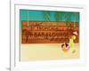 Tropical Beach Bar Wood Board Signpost, With Sandy Beach And Palm Tree Leaves In The Background-LanaN.-Framed Art Print