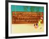 Tropical Beach Bar Wood Board Signpost, With Sandy Beach And Palm Tree Leaves In The Background-LanaN.-Framed Art Print