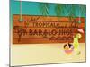 Tropical Beach Bar Wood Board Signpost, With Sandy Beach And Palm Tree Leaves In The Background-LanaN.-Mounted Art Print