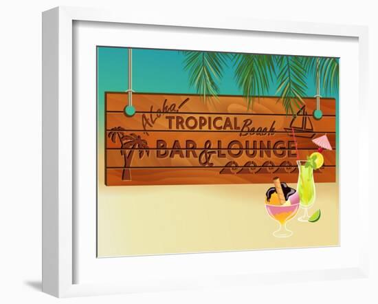 Tropical Beach Bar Wood Board Signpost, With Sandy Beach And Palm Tree Leaves In The Background-LanaN.-Framed Art Print