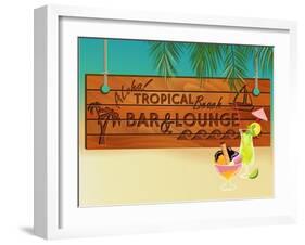 Tropical Beach Bar Wood Board Signpost, With Sandy Beach And Palm Tree Leaves In The Background-LanaN.-Framed Art Print