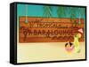 Tropical Beach Bar Wood Board Signpost, With Sandy Beach And Palm Tree Leaves In The Background-LanaN.-Framed Stretched Canvas