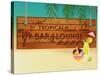 Tropical Beach Bar Wood Board Signpost, With Sandy Beach And Palm Tree Leaves In The Background-LanaN.-Stretched Canvas
