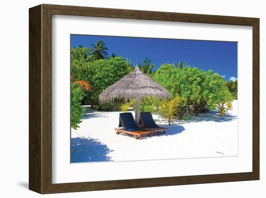 Tropical Beach Chairs Umbrella-null-Framed Art Print