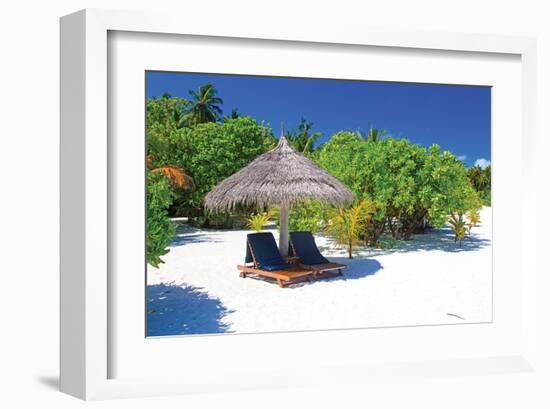 Tropical Beach Chairs Umbrella-null-Framed Art Print