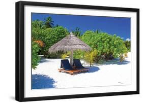 Tropical Beach Chairs Umbrella-null-Framed Art Print