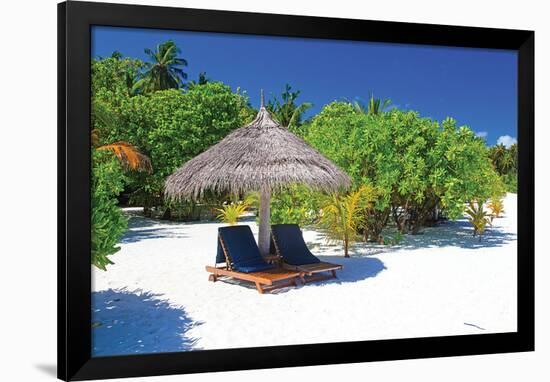 Tropical Beach Chairs Umbrella-null-Framed Art Print