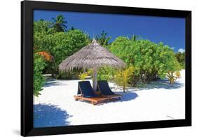 Tropical Beach Chairs Umbrella-null-Framed Art Print