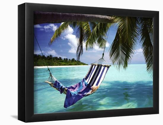 Tropical Beach (Hammock Under Tree) Art Poster Print-null-Framed Poster