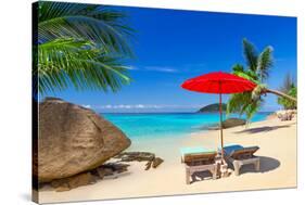 Tropical Beach Scenery with Deck Chairs in Thailand-Patryk Kosmider-Stretched Canvas