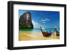 Tropical Beach, Traditional Long Tail Boats, Andaman Sea, Thailand-Dmitry Pichugin-Framed Photographic Print