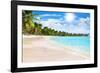 Tropical Beach, Turquoise Sea Water, Ocean Wave, Yellow Sand, Green Palms, Sun Blue Sky, White Clou-Vera NewSib-Framed Photographic Print