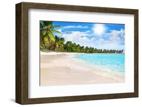 Tropical Beach, Turquoise Sea Water, Ocean Wave, Yellow Sand, Green Palms, Sun Blue Sky, White Clou-Vera NewSib-Framed Photographic Print