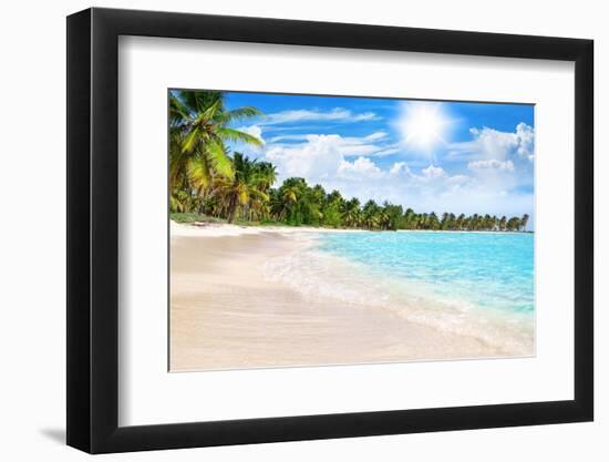 Tropical Beach, Turquoise Sea Water, Ocean Wave, Yellow Sand, Green Palms, Sun Blue Sky, White Clou-Vera NewSib-Framed Photographic Print