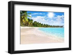 Tropical Beach, Turquoise Sea Water, Ocean Wave, Yellow Sand, Green Palms, Sun Blue Sky, White Clou-Vera NewSib-Framed Photographic Print