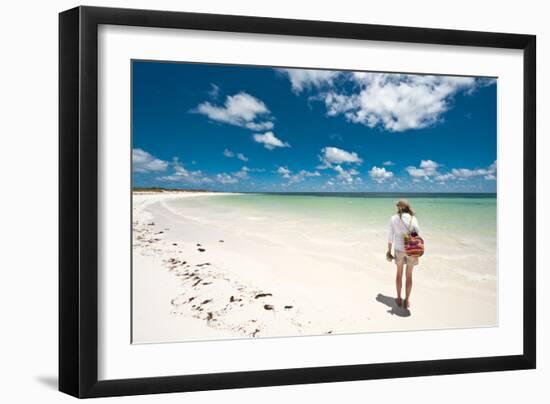 Tropical Beach with Blue Sky and White Sand with Female Looking across Bay-Will Wilkinson-Framed Photographic Print