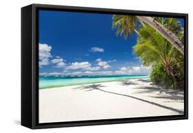 Tropical Beach with Palm and White Sand-pashapixel-Framed Stretched Canvas