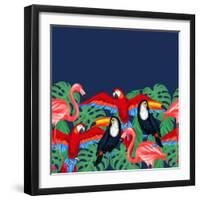 Tropical Birds Seamless Pattern with Palm Leaves-incomible-Framed Art Print