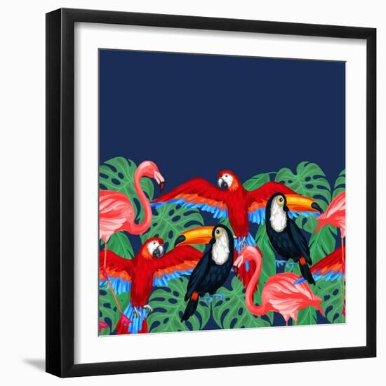 Tropical Birds Seamless Pattern with Palm Leaves-incomible-Framed Art Print