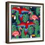 Tropical Birds Seamless Pattern with Palm Leaves-incomible-Framed Art Print