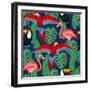 Tropical Birds Seamless Pattern with Palm Leaves-incomible-Framed Art Print