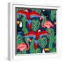 Tropical Birds Seamless Pattern with Palm Leaves-incomible-Framed Art Print