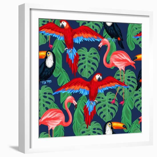 Tropical Birds Seamless Pattern with Palm Leaves-incomible-Framed Premium Giclee Print