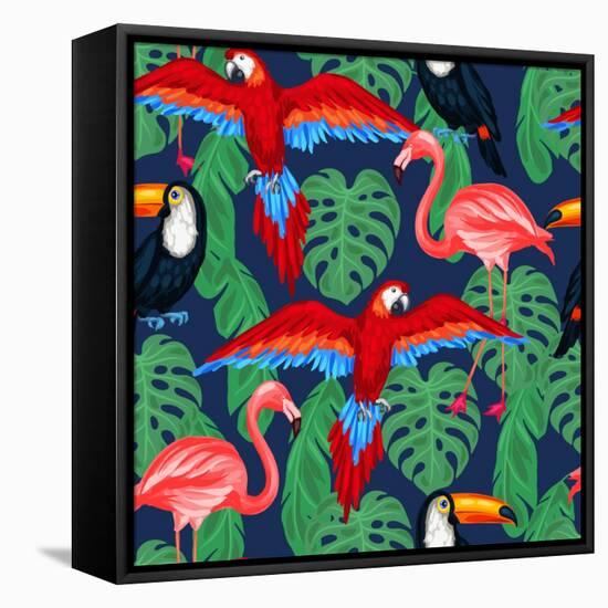 Tropical Birds Seamless Pattern with Palm Leaves-incomible-Framed Stretched Canvas