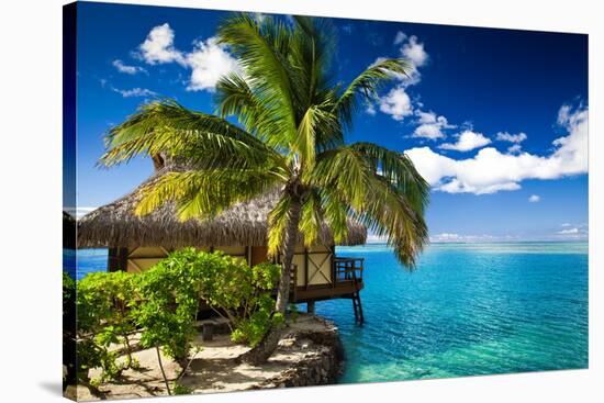 Tropical Bungalow and Palm Tree next to Amazing Blue Lagoon-Martin Valigursky-Stretched Canvas
