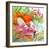 Tropical Exotic Forest, Green Leaves, Wildlife, Bird Flamingo Watercolor Illustration. Watercolor B-Faenkova Elena-Framed Art Print