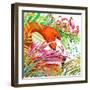 Tropical Exotic Forest, Green Leaves, Wildlife, Bird Flamingo Watercolor Illustration. Watercolor B-Faenkova Elena-Framed Art Print