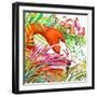 Tropical Exotic Forest, Green Leaves, Wildlife, Bird Flamingo Watercolor Illustration. Watercolor B-Faenkova Elena-Framed Art Print