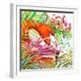 Tropical Exotic Forest, Green Leaves, Wildlife, Bird Flamingo Watercolor Illustration. Watercolor B-Faenkova Elena-Framed Art Print