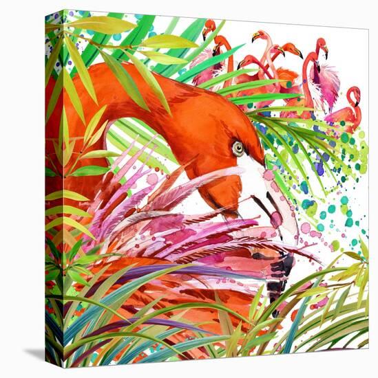Tropical Exotic Forest, Green Leaves, Wildlife, Bird Flamingo Watercolor Illustration. Watercolor B-Faenkova Elena-Stretched Canvas