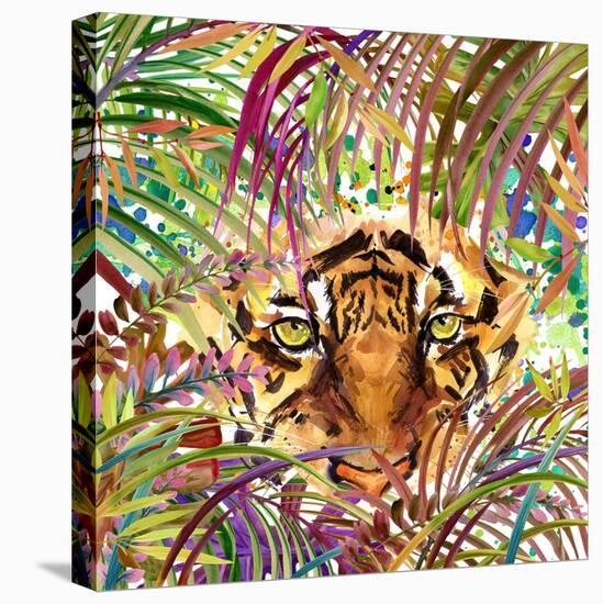 Tropical Exotic Forest, Tiger, Green Leaves, Wildlife, Watercolor Illustration. Watercolor Backgrou-Faenkova Elena-Stretched Canvas