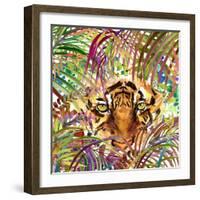 Tropical Exotic Forest, Tiger, Green Leaves, Wildlife, Watercolor Illustration. Watercolor Backgrou-Faenkova Elena-Framed Art Print