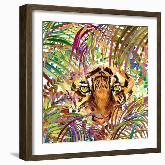 Tropical Exotic Forest, Tiger, Green Leaves, Wildlife, Watercolor Illustration. Watercolor Backgrou-Faenkova Elena-Framed Art Print