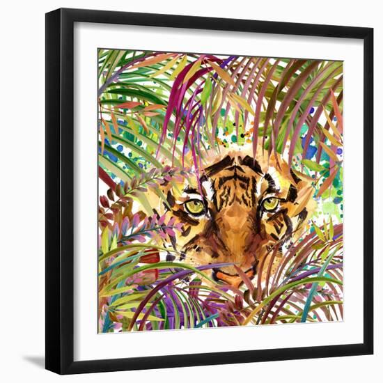 Tropical Exotic Forest, Tiger, Green Leaves, Wildlife, Watercolor Illustration. Watercolor Backgrou-Faenkova Elena-Framed Art Print