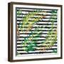 Tropical Exotic Palm Leaves on Striped Black White Background-Andriy Lipkan-Framed Art Print