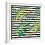 Tropical Exotic Palm Leaves on Striped Black White Background-Andriy Lipkan-Framed Art Print