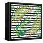 Tropical Exotic Palm Leaves on Striped Black White Background-Andriy Lipkan-Framed Stretched Canvas
