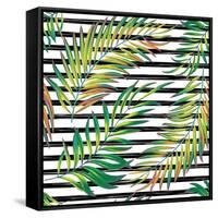 Tropical Exotic Palm Leaves on Striped Black White Background-Andriy Lipkan-Framed Stretched Canvas