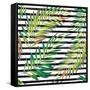 Tropical Exotic Palm Leaves on Striped Black White Background-Andriy Lipkan-Framed Stretched Canvas