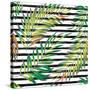 Tropical Exotic Palm Leaves on Striped Black White Background-Andriy Lipkan-Stretched Canvas